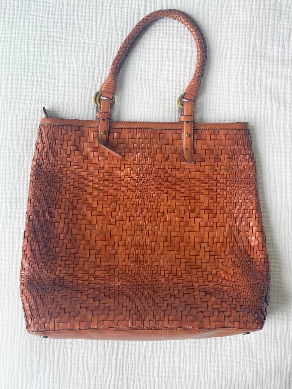 Vtg Cole Haan Genevieve Woven Leather Tote in Cognac/British Tan